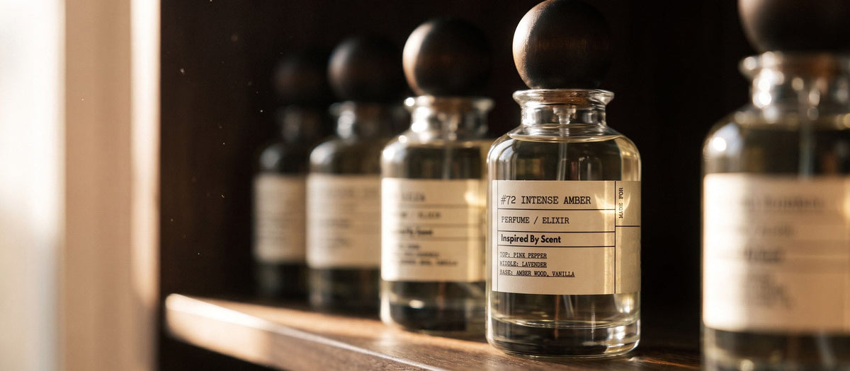 Inspired By Scent bottles on walnut shelving in raking window light