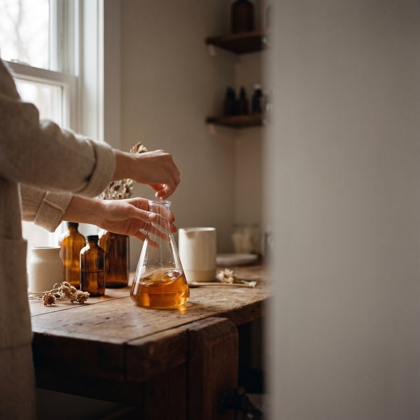 Hands swirling amber liquid in a glass flask