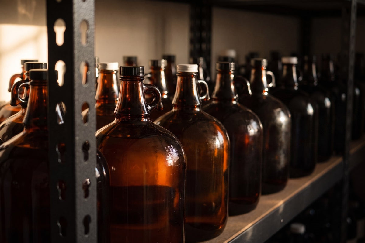 Amber carboys of bulk fragrance oil on the storage racking