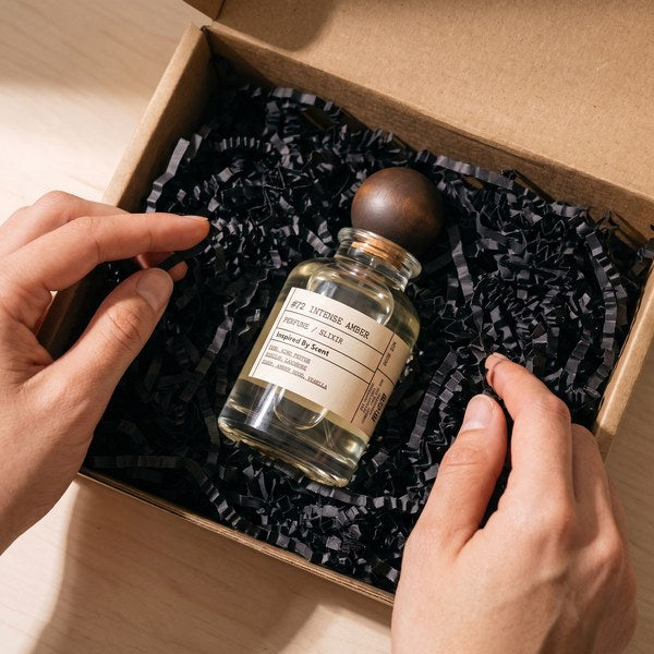 A bottle packed in black crinkle filler inside a kraft mailer