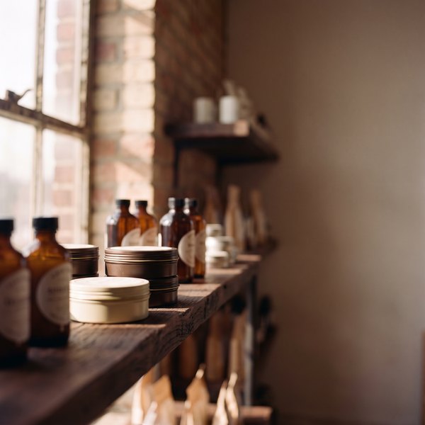 Supplier tins and amber bottles on a shelf in window light