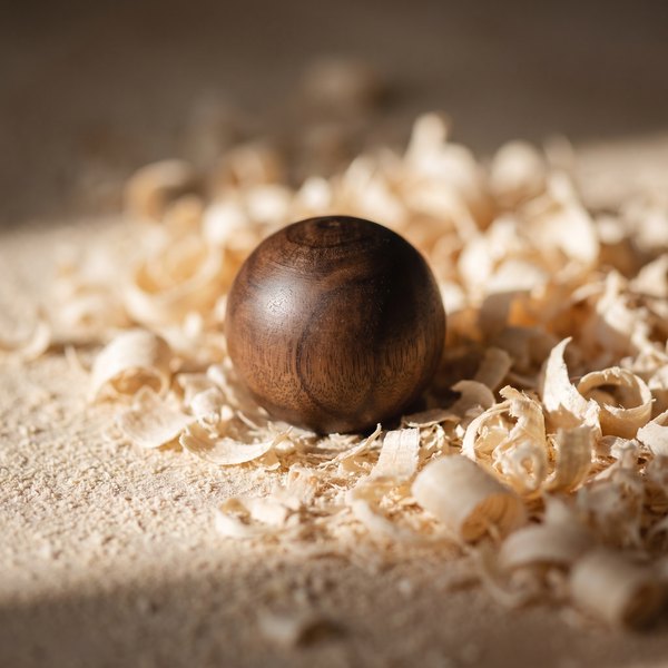 A hand-finished wooden perfume cap resting on wood shavings