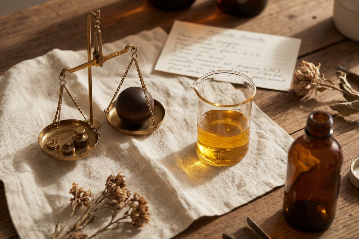 A perfumer's workbench with brass scale, beaker of oil and linen cloth